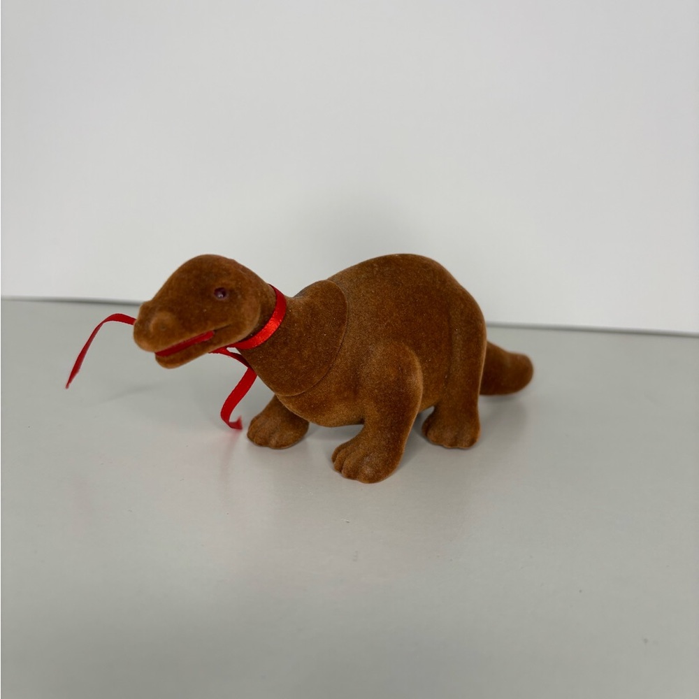 Vintage Brown Flocked Dinosaur Figurine with Red Ribbon